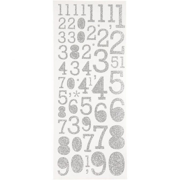 Glitter Stickers, Sheet 10X24 Cm, Silver, Numbers