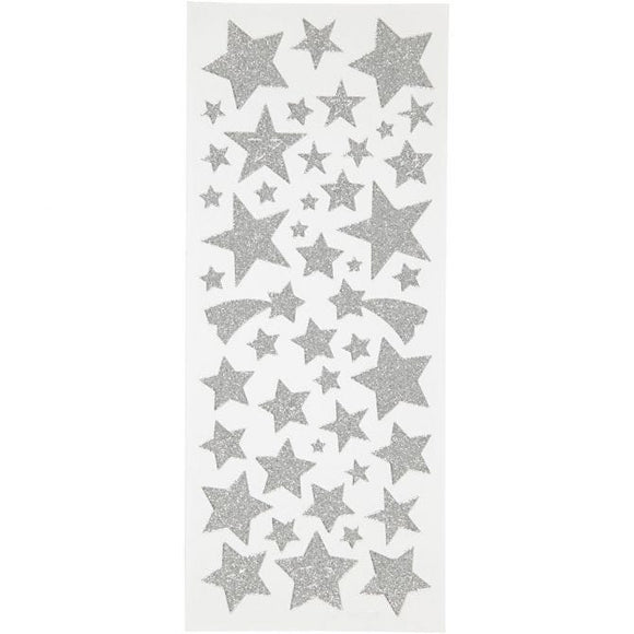Glitter Stickers, Stars, 10X24 Cm, Silver, 2 Sheet, 1 Pack