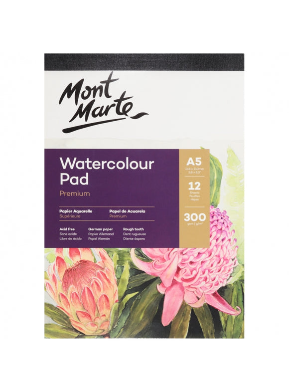 Mont Marte Premium Watercolour Pad A5 300Gsm 12 Sheet