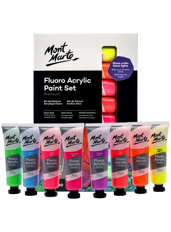 Mont Marte Fluoro Acrylic Paint Set 8Pc X 36Ml