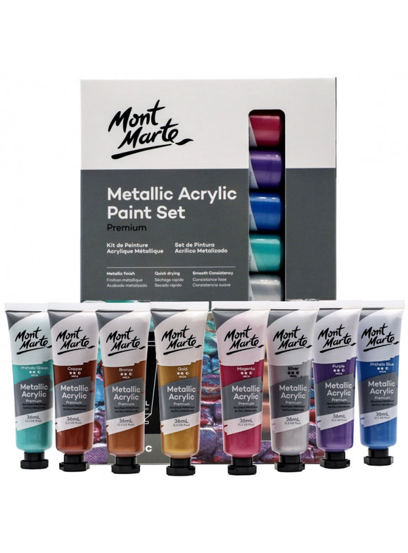 Mont Marte Premium Metallic Acrylic Paint Set 8Pc X 36Ml (1.2Oz)