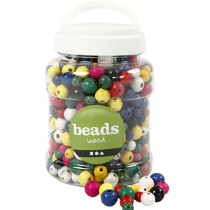 Wooden Beads, Dia. 8+10+12 Mm, Hole Size 2-2,5 Mm, Assorted Colours, 400 Ml/ 1 Bucket, 175 G