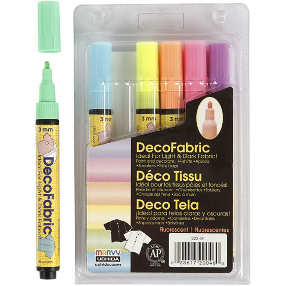 Deco Textile Markers, 3 Mm Line, Neon Colours, 6Pcs