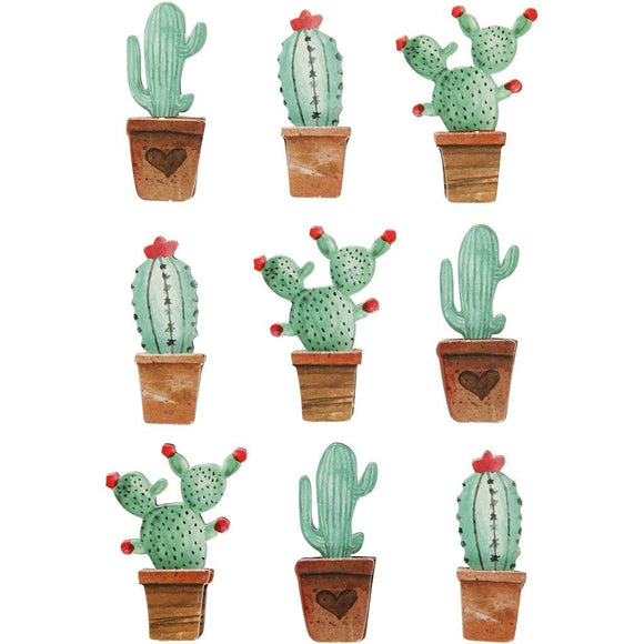 3D Stickers, Cactuses, H: 45 Mm, W: 15-26 Mm, 7 Mm, 9 Pc