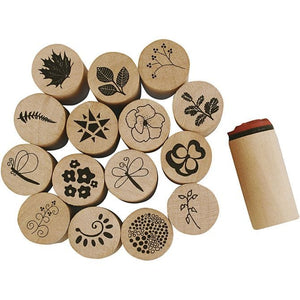 Deco Art Stamps, Wood Mounted Rubber Stamps, D:20 Mm, H:26 Mm, Flower&Leaf, 15 Asstd Designs