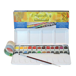 Sennelier Classic Watercolour 24 Half Pans Metal Box + 1 Brush