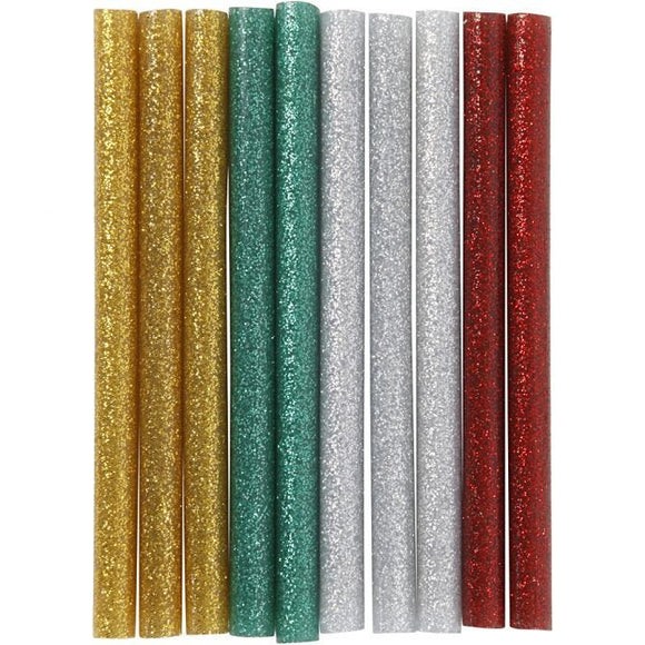 Glue Gun Sticks, L: 10 Cm, Glitter, Gold, Green, Red, Silver, 10 Pc, 1 Pack