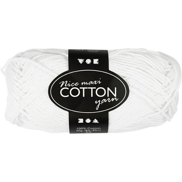 Cotton Yarn, L: 80-85 M, Maxi, White, 50 G, 1 Ball