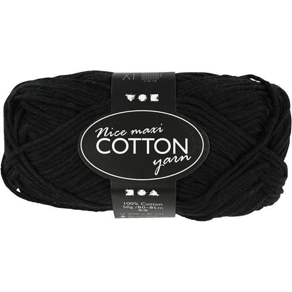 Cotton Yarn, L: 80-85 M, Maxi, Black, 50 G, 1 Ball