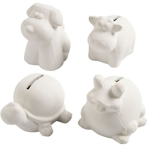 Animal Saving Banks, H: 7-10 Cm, White, 4 Pc