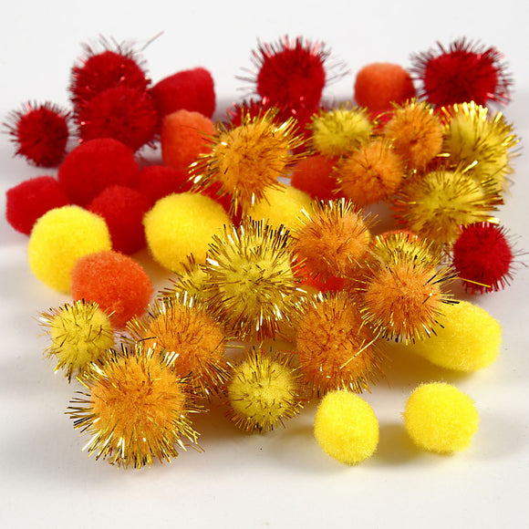 Pompoms, D: 15+20 Mm, Yellow, Orange, Red, 48 Assorted, 1 Pack