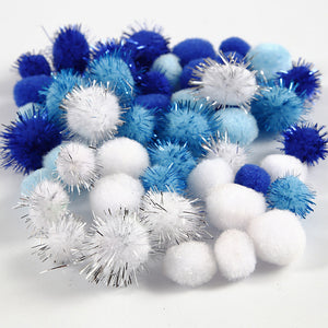 Pompoms, D: 15+20 Mm, Light Blue, Dark Blue, White, 48 Assorted, 1 Pack