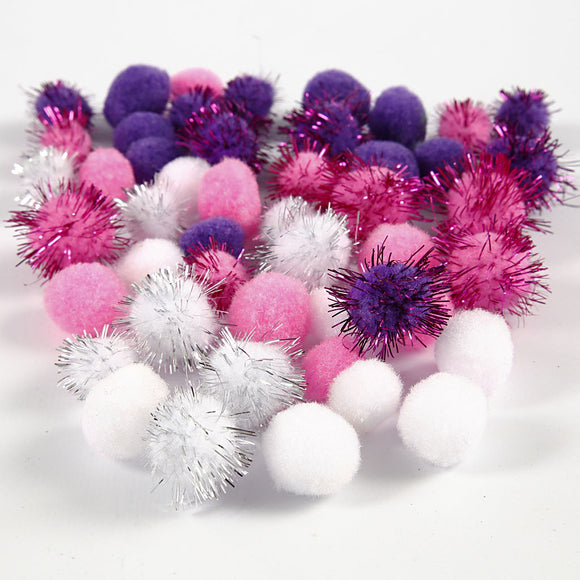 Pompoms, D: 15+20 Mm, White, Purple, Light Red, 48 Assorted, 1 Pack