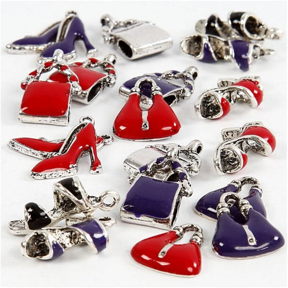 Charms With Loop, 12-20 Mm, 1-3 Mm, Black, Purple, Red, Silver-Plated, 20 Asstd.