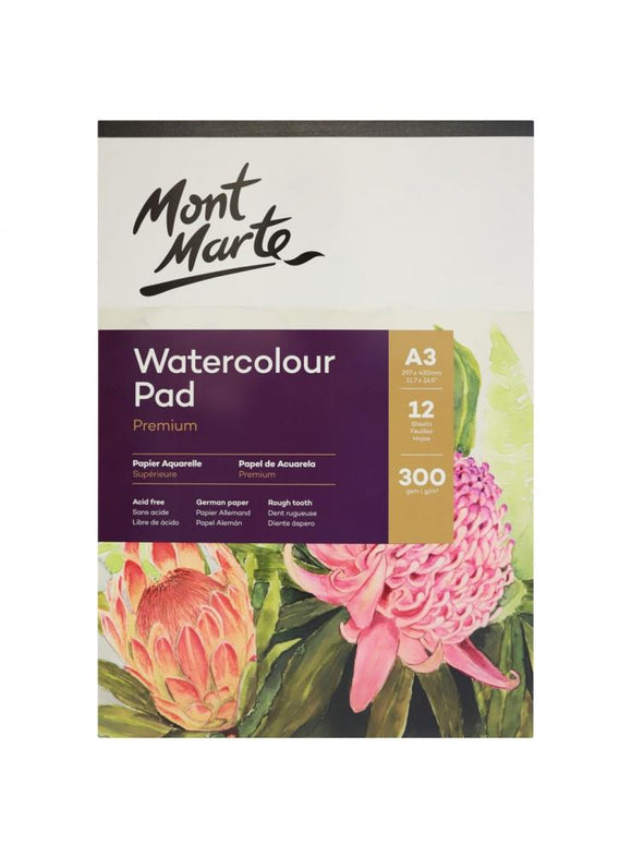Mont Marte Premium Watercolour Pad A3 300Gsm 12 Sheet