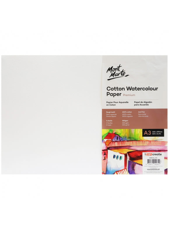 Mont Marte Premium Cotton Watercolour Paper 300Gsm A3 (16.5 X 11.7In) 5 Sheets