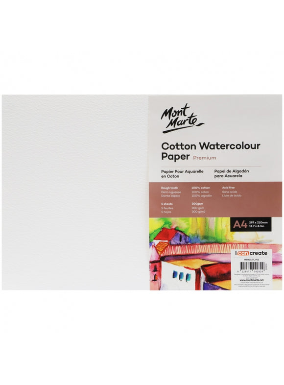 Mont Marte Premium Cotton Watercolour Paper 300Gsm A4 (11.7 X 8.3In) 5 Sheets