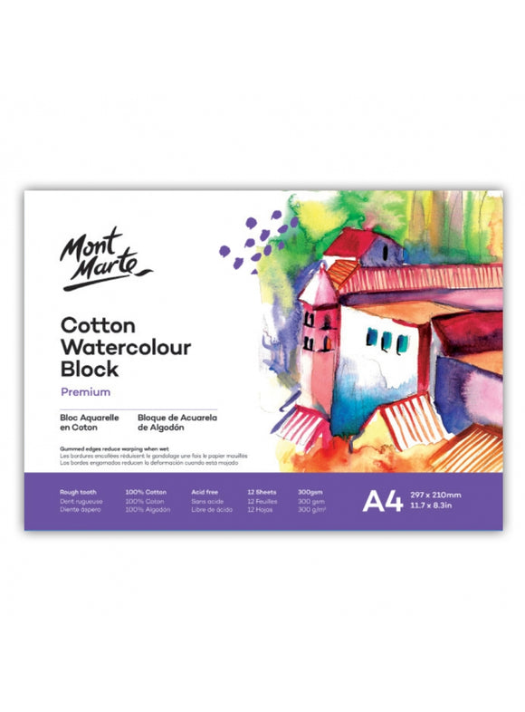 Mont Marte Cotton Watercolour Paper Pad 300Gsm A4 12 Sheets